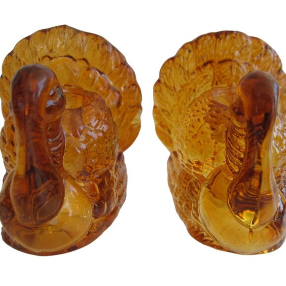 L.E. Smith Amber Glass Figural Turkey 2 Candle Holders 2" Thanksgiving USA MADE - Picture 2 of 8